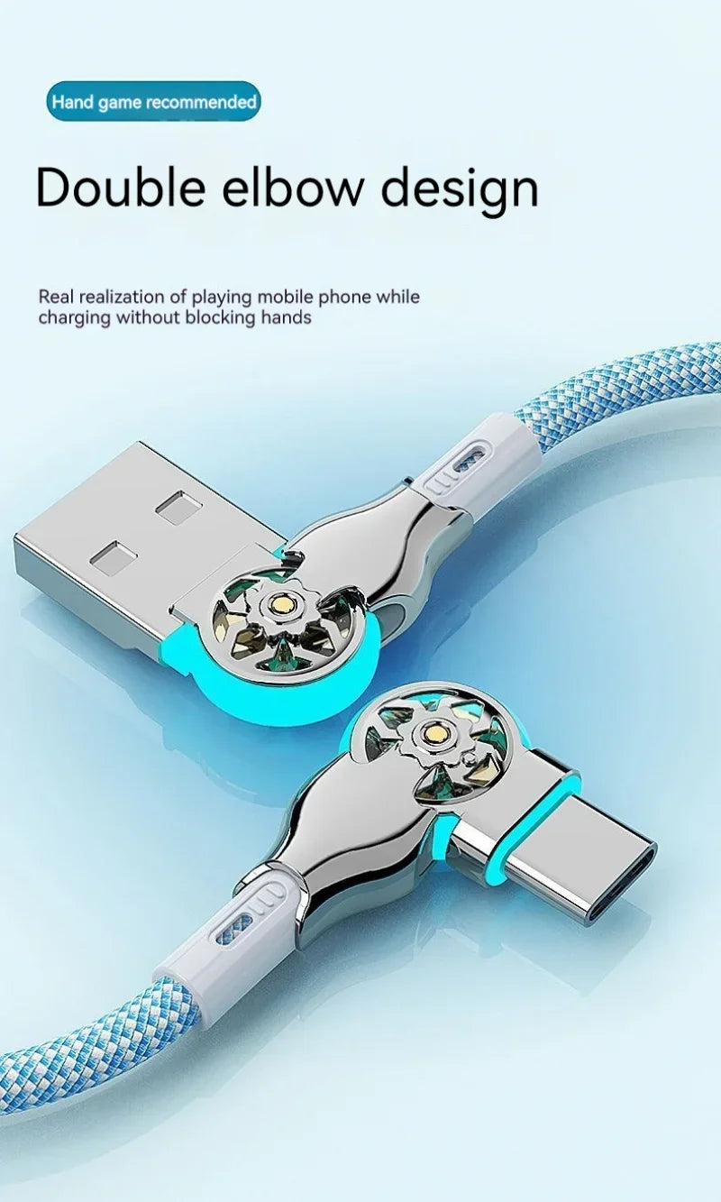 Cable de carga rápida con rotación dual de 180° Tipo C Micro USB Cargador con luz Aleación de zinc Cable de datos trenzado para Android iPhone