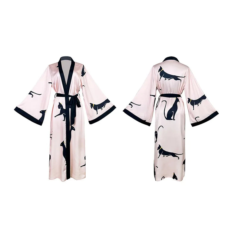 Vestido de fiesta de boda, moda, estampado, bata, ropa de mujer, camisón suelto de seda satinada, manga larga, bata de baño para mujer