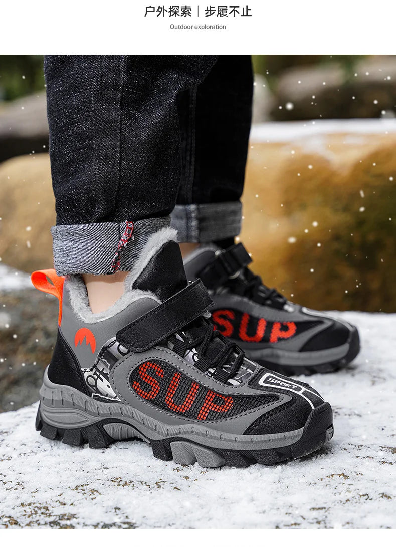 Winter Plus Velvet Hiking Shoes For Kids Non-slip Platform High Top Sports Shoes Boys Outdoor Warm Plush Children's Sneakers