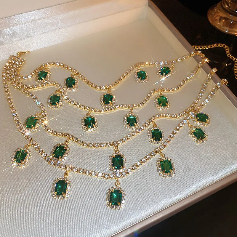 Luksuriøse krystallsmykkesett til kvinner Brudekjole Blå stein Zirkonia Smaragdgrønn Halskjede Øredobber Bryllupsfest Gave