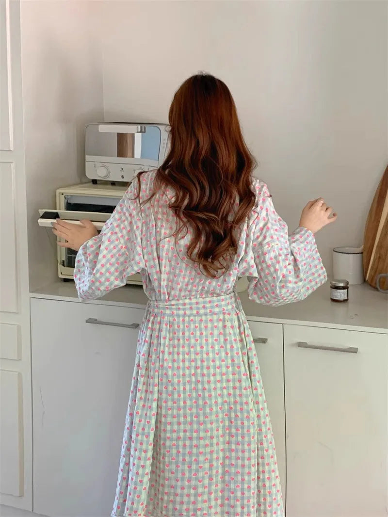 Bata de baño para mujer, estilo kimono largo y holgado, con cuello en V, cordones, pantalones a cuadros, bata de dormir sexy para mujer/niña.