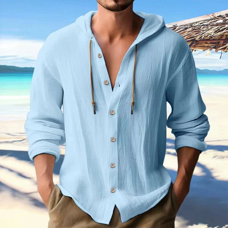 Camisa de Lino para Hombre Lisa Estilo Urbano Manga Larga Sudadera con Capucha Cárdigan Ropa para Hombre Camisas con Botones Casual Holgado con Capucha