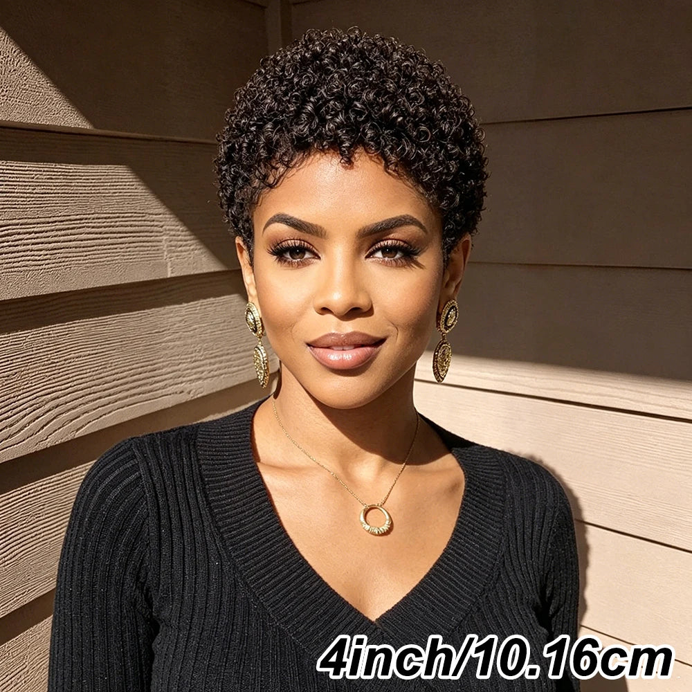 Afro Short Kinky Curly Wig Pixie Cut Wigs Human Hair for Black Women Bazilian Hair Machine Made Cap Natural Black/Burgundy/Brown