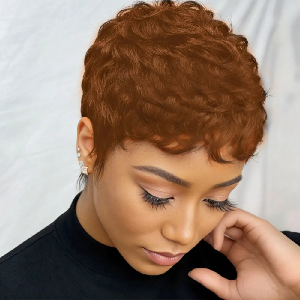 Peluca pixie de uso diario, peluca de corte pixie, peluca corta, lisa, de color marrón, negro, burdeos para mujeres, peluca de cabello humano en capas, hecha a máquina.