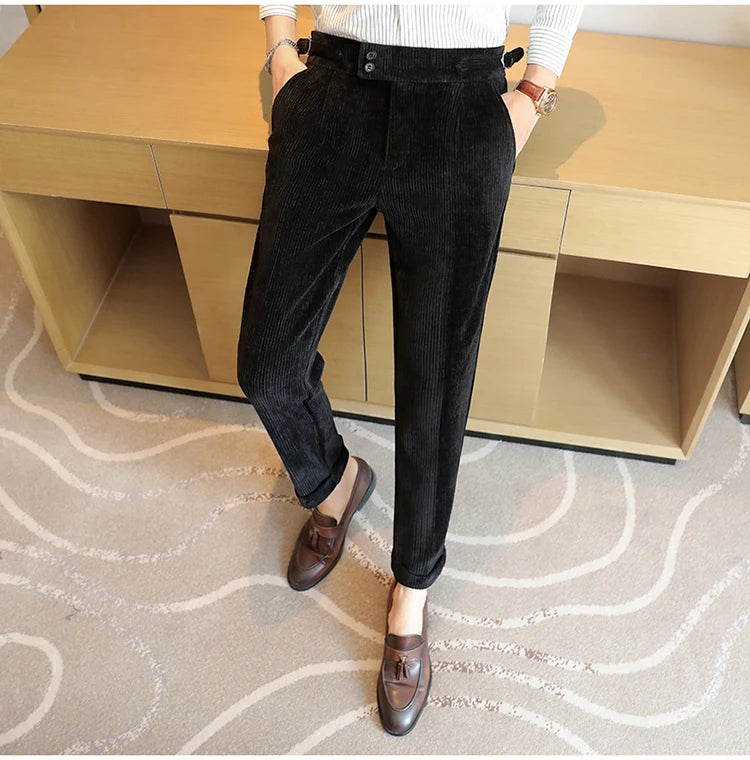 Nuevo pantalón informal de cintura alta de felpilla napolitana de lujo ligero para hombres, pantalón de vestir para hombres de ajuste delgado con sensación premium, pantalón