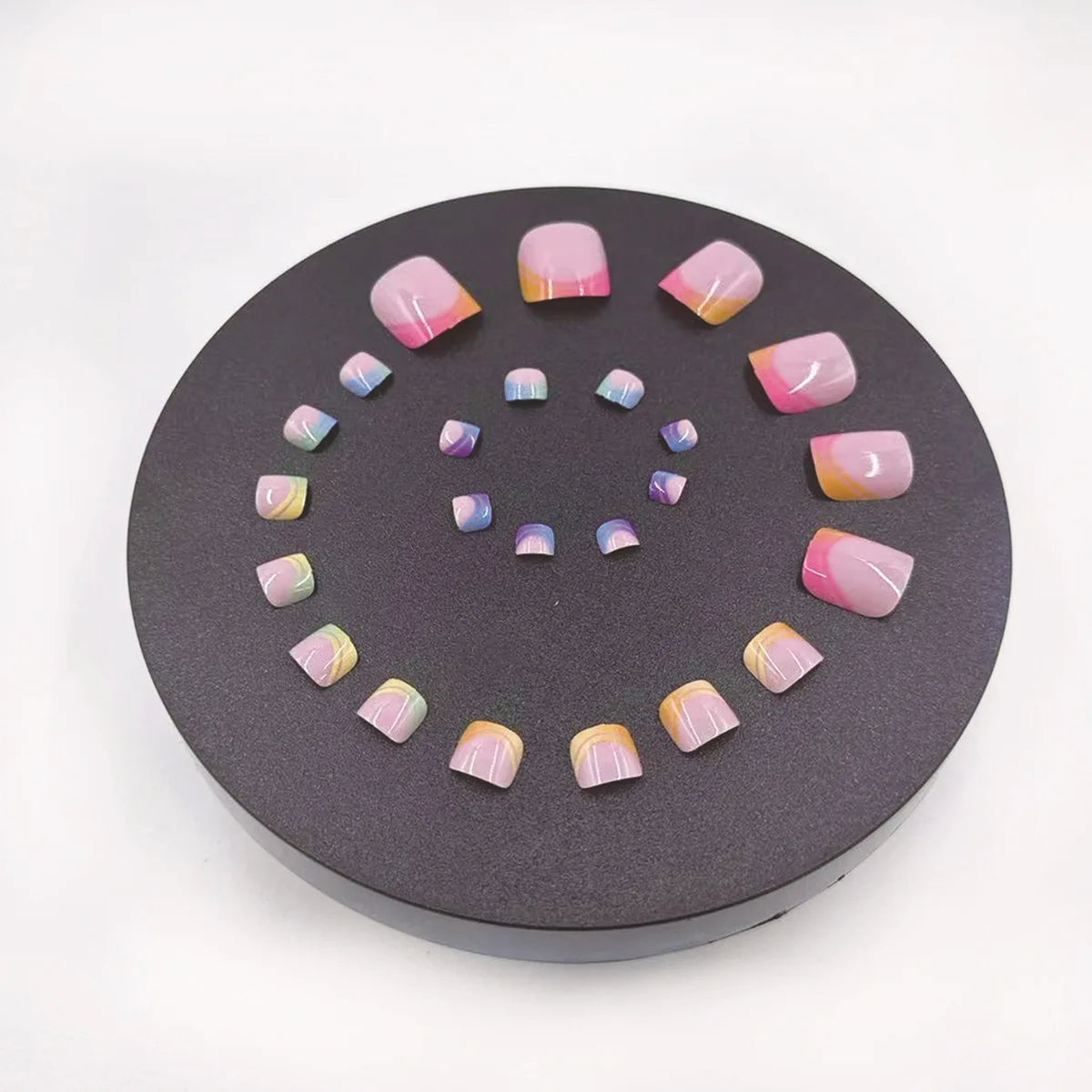 Uñas postizas de verano con diseño francés degradado, uñas cortas cuadradas para pies, juego de uñas a presión, puntas de uñas postizas de arcoíris, cobertura completa