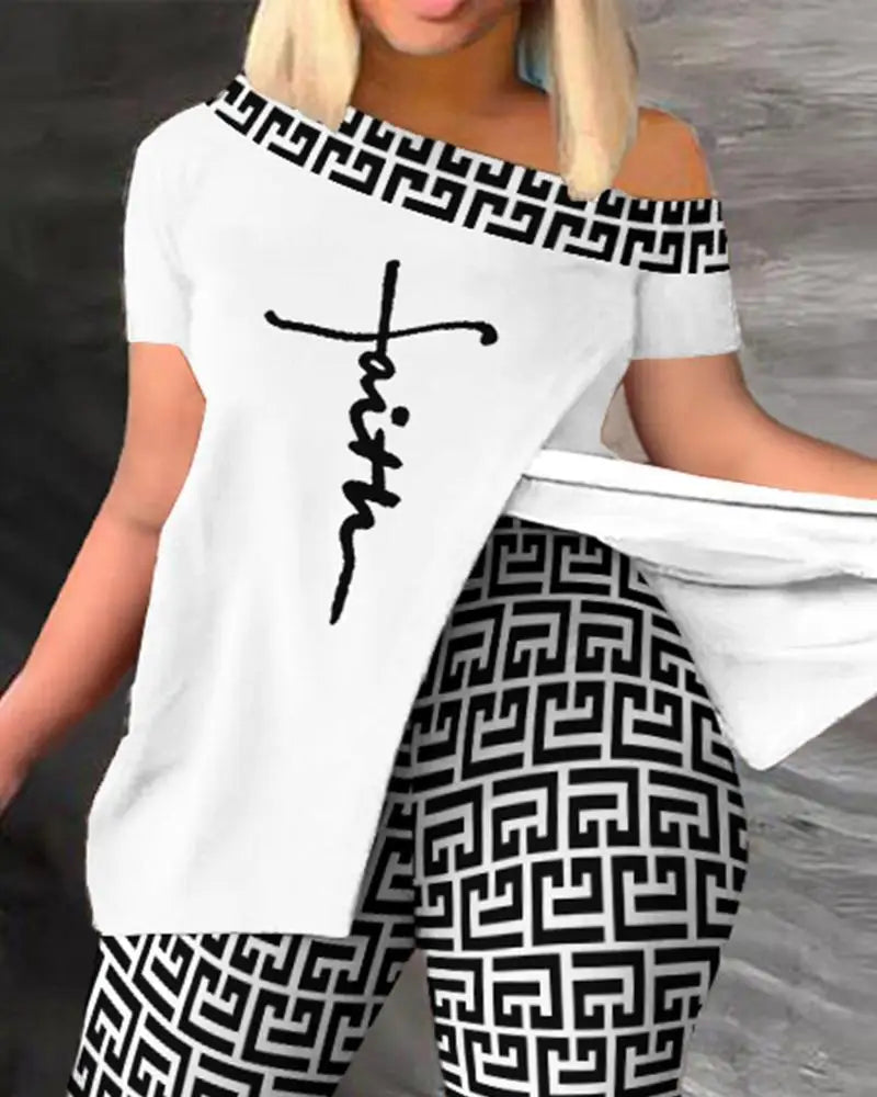Conjuntos de dos piezas elegantes para mujer, nueva moda, estampado, top de manga con volantes, conjunto de pantalones de color sólido con cinturón, blusas, ropa femenina