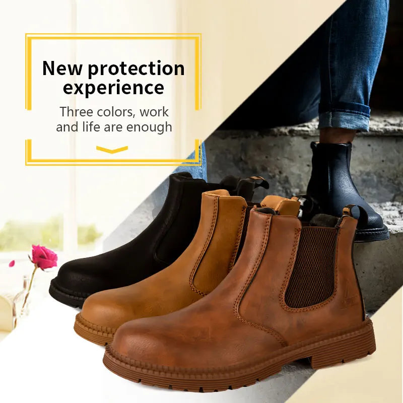 Zapatos de seguridad impermeables para hombre, botas de cuero con punta de acero, calzado masculino, botas de trabajo de construcción indestructibles, color marrón