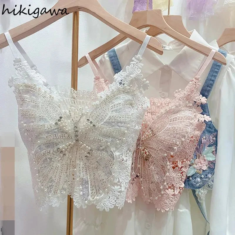 Ropa de mujer, top corto sexy con abalorios pesados y estampado floral, top de encaje de mariposa, top corto que deja el ombligo al descubierto, camiseta de tirantes de verano.