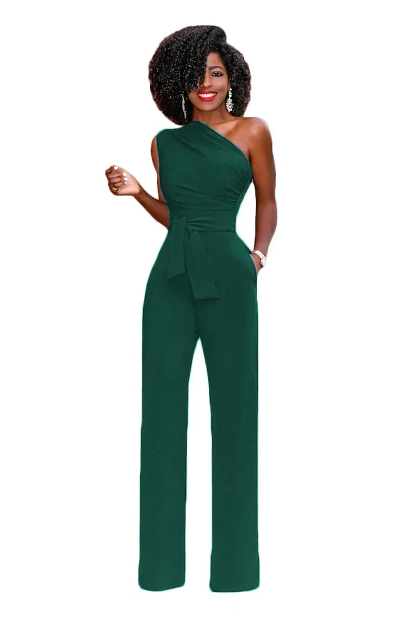 Damejumpsuit Ensfarget Skjev Krage Avskåret Topp Rette Bukser Belte Sexy Ermeløs Løse Bukser Elegant Sjarmerende Playsuits