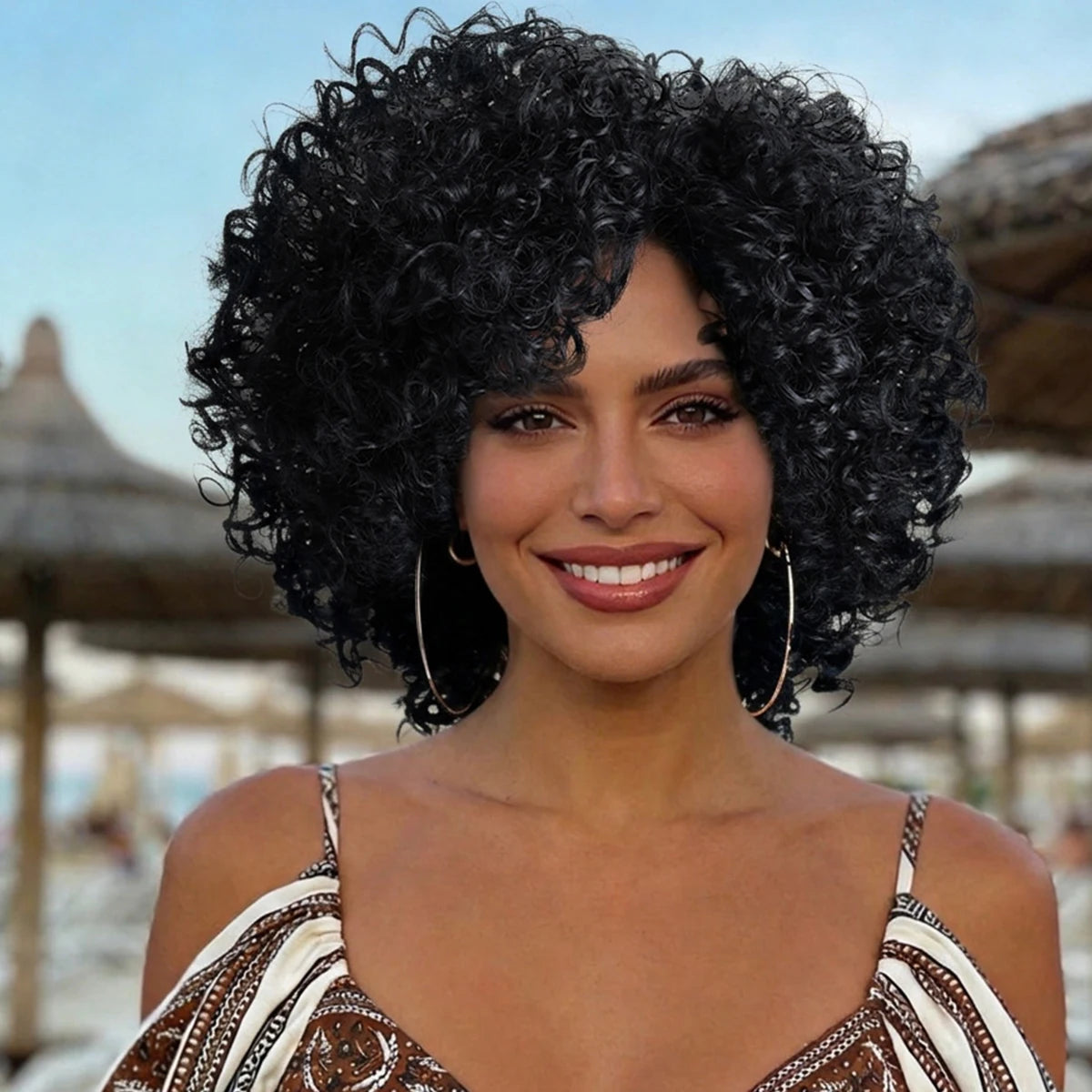12 Inch Curly Wigs for Women Natural Black Synthetic African American Full Kinky Curly Afro Hair Wig with Bangs