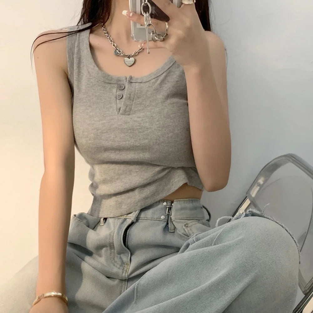 Camiseta sin mangas para mujer de canalé con botones, blusa sin mangas, color liso, informal, para mujer y adolescente, moderna, básica, vestidos de verano