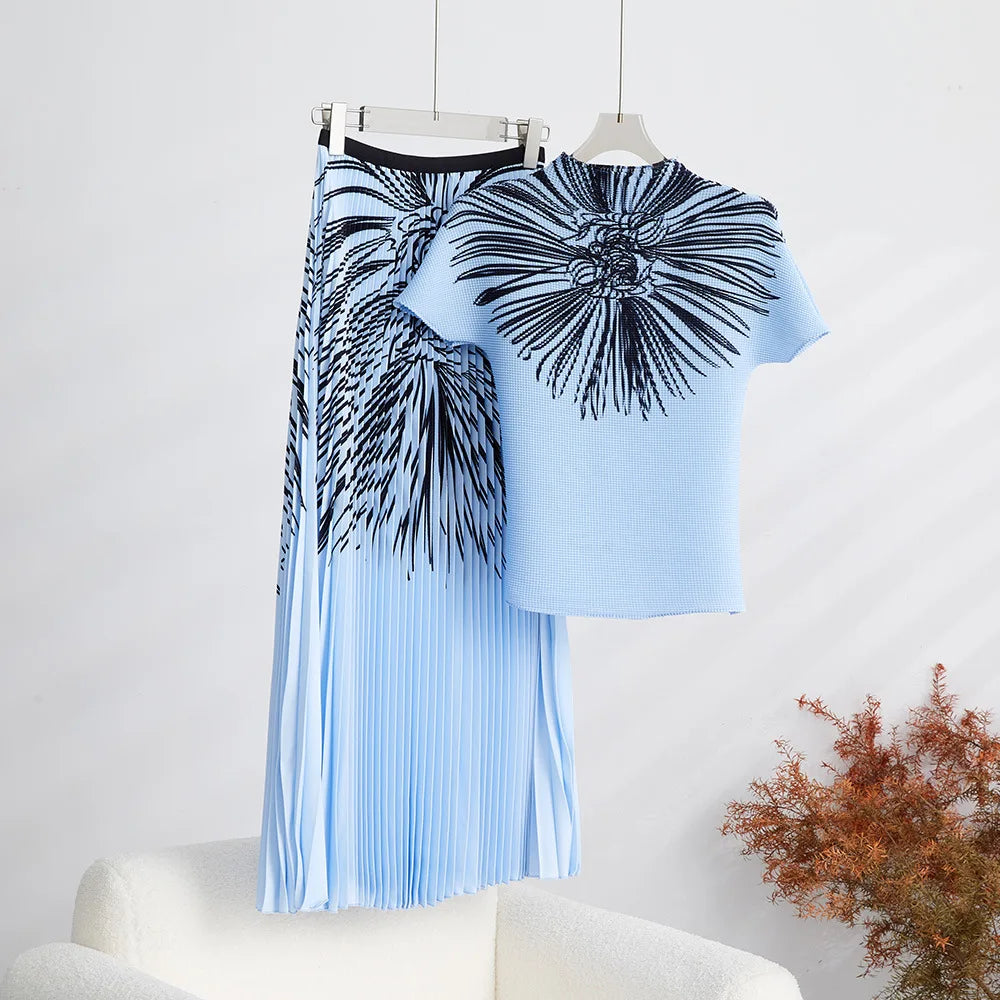 Pleated Skirt and Pleated Shirt Set Women's Summer Short Sleeve Top and Long Printed Pleated Skirt 2-Piece Set Short Skirt