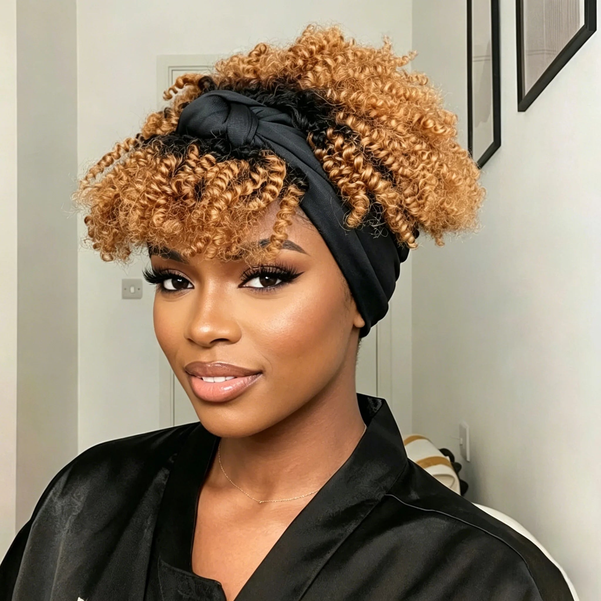 Short Curly Headband Wig with Bangs Human Hair Pixie Cut Wig Full Machine Wig