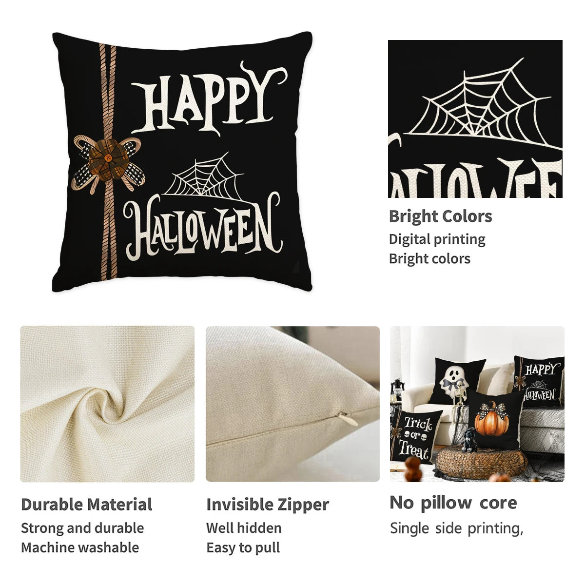 Funda de almohada de Halloween de 1/4 piezas, funda de cojín de calabaza fantasma con lazo de Halloween, funda de cojín decorativa para sofá, sala de estar, dormitorio
