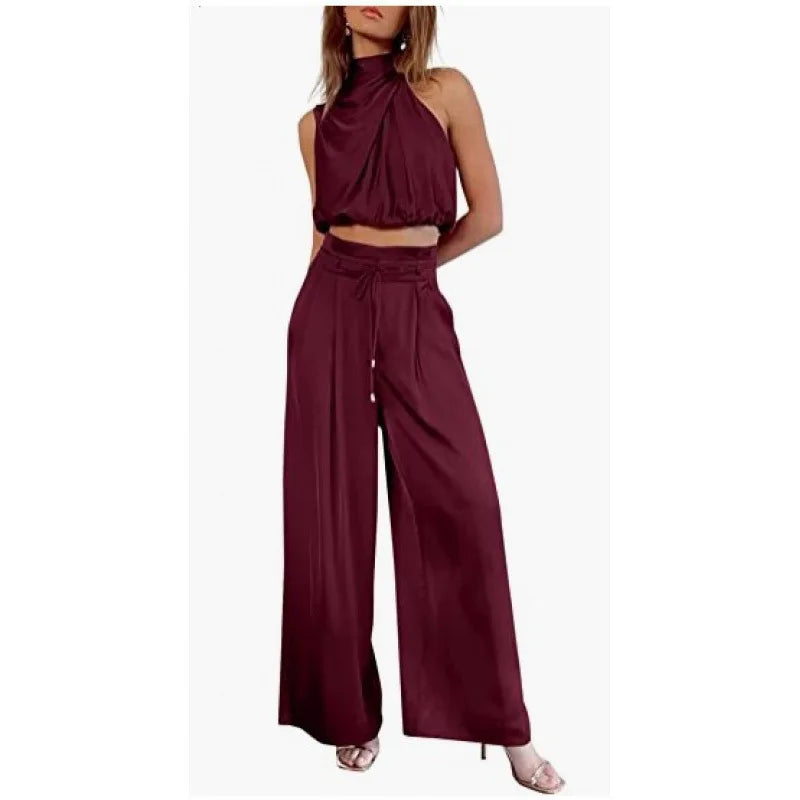 Ensemble deux pièces pour femme, pantalon ouvert au nombril, haut sans manches en soie plissée, pantalon large, ensemble assorti d'été 2024
