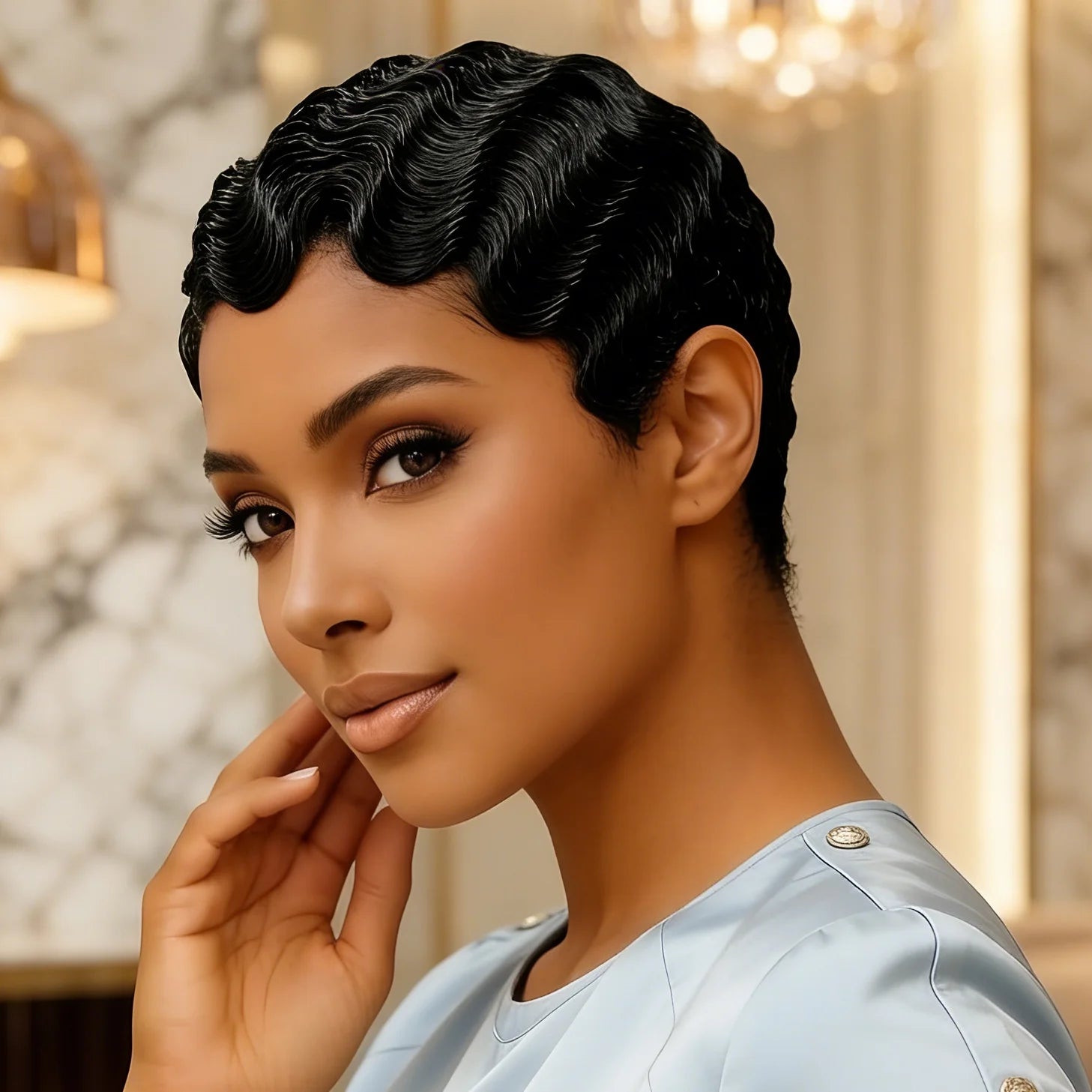 Finger Wave Human Hair Wig Short Pixie Cut Wig for Women Machine Made wig