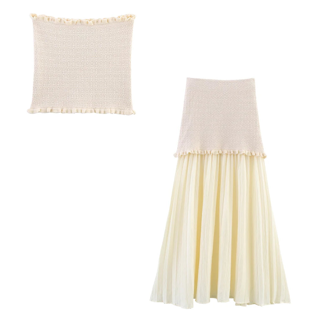 TRAFZA Conjunto elegante y chic de falda para mujer: top estilo "bandeau" o falda midi o top de manga corta. Conjunto para las vacaciones románticas de primavera-verano 2025.
