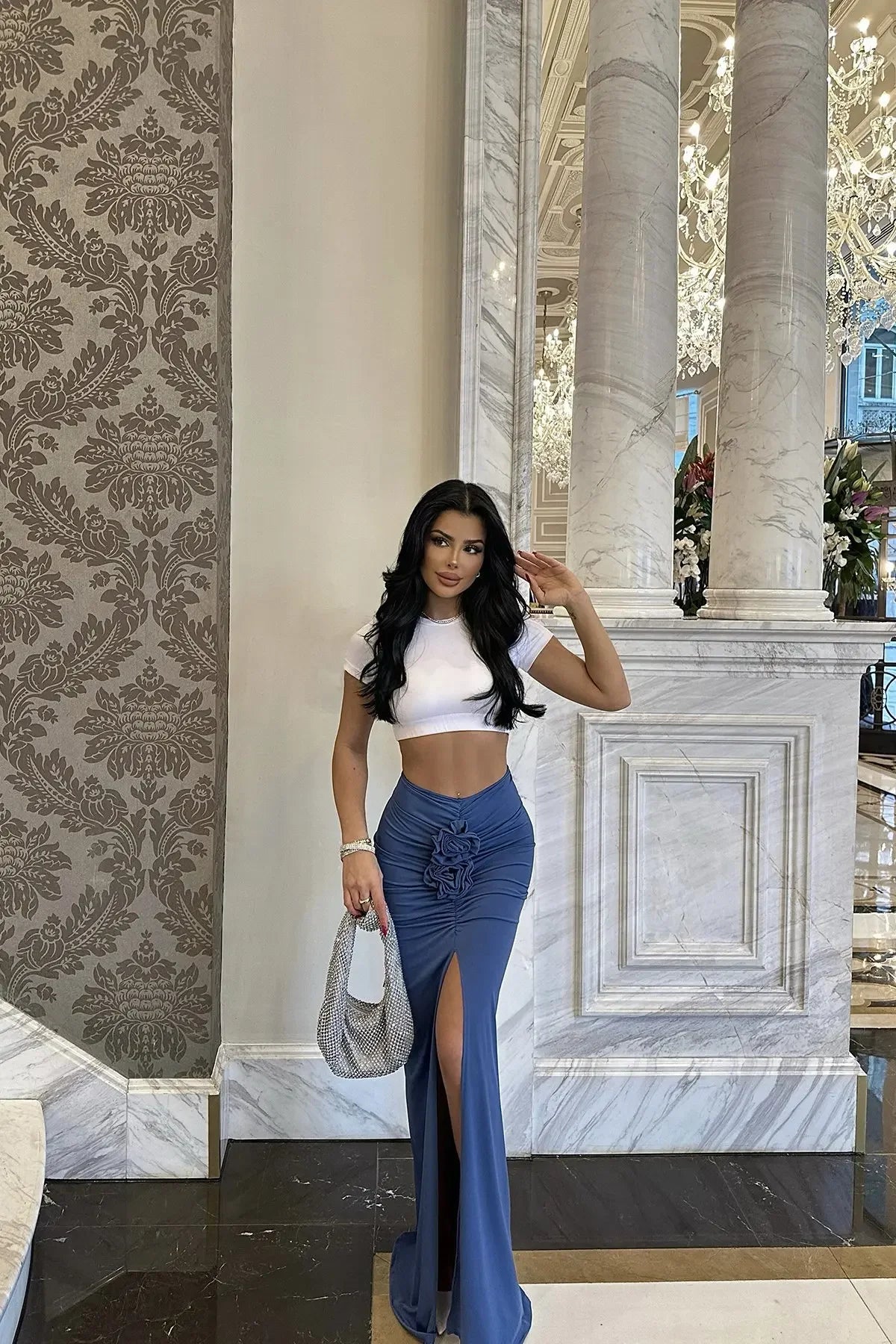Nueva Falda de Verano para Mujer Ropa de Calle Faldas Sólidas Apliques Sexy Abertura Delgada Elegante Fiesta Femenina Recta Faldas de Cintura Alta