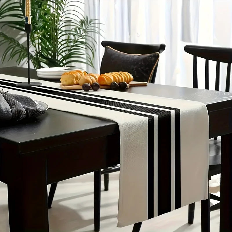1pc Camino de Mesa Rayado Estilo Moderno Simple, Caminos de Mesa Impresos en Blanco y Negro, Lujoso Mantel de Lino