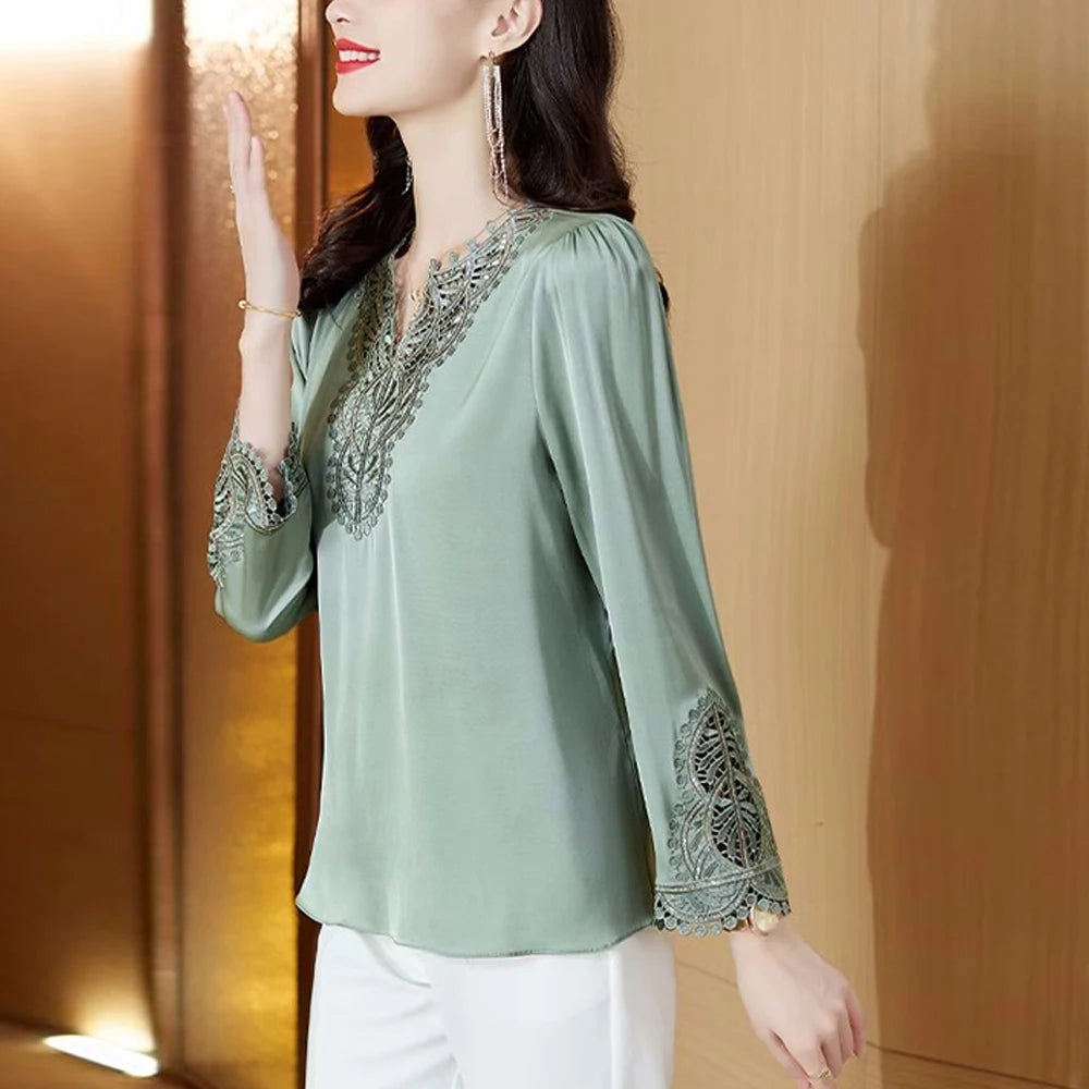 Moda Mujer Blusas de Seda Primavera Otoño Camisas de Manga Larga Bordadas Elegantes Tops de Diseño Retro para Oficina