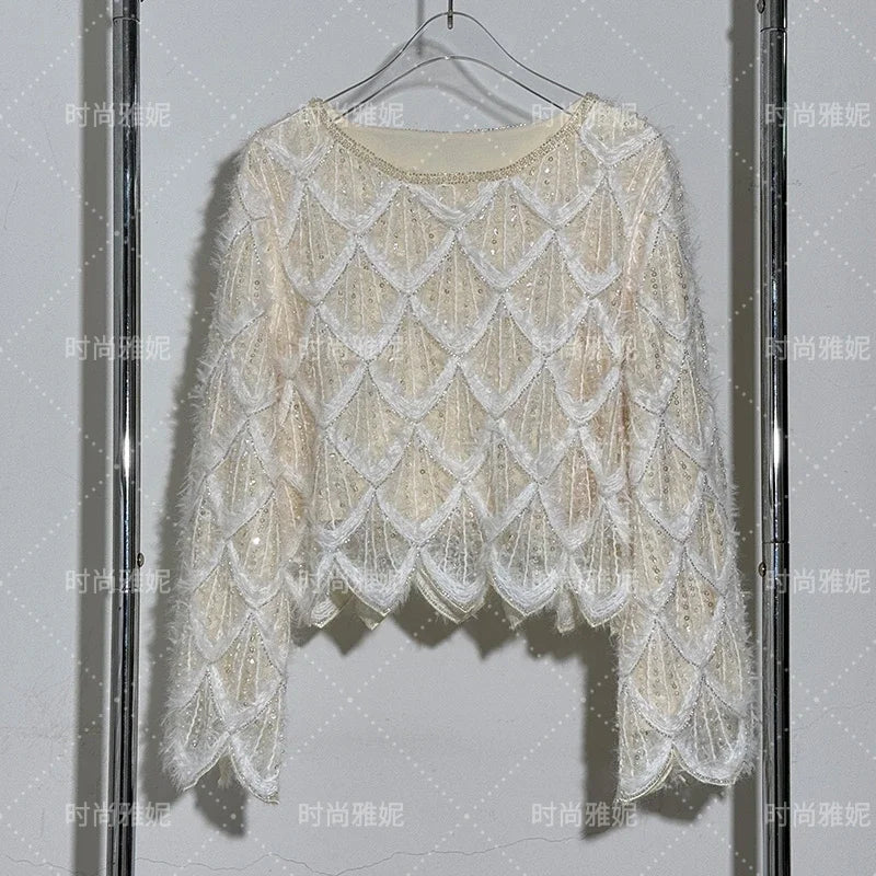 Conjunto de falda de lentejuelas y abalorios de moda de alta gama, Primavera 2025, Nueva camiseta de manga larga, Falda de cadera ajustada de cintura alta, Conjunto de 2 piezas