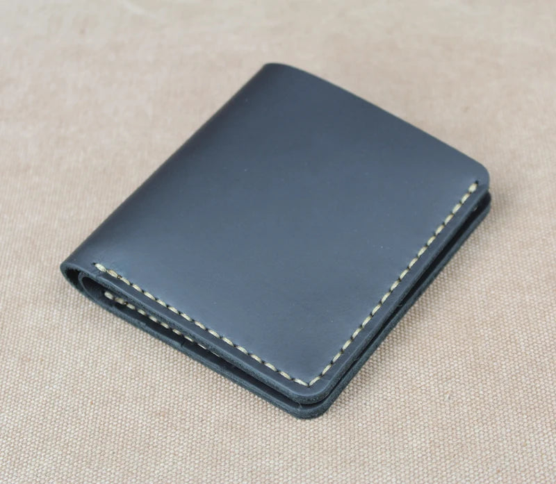 Cartera de lujo hecha a mano de cuero genuino Crazy Horse para hombre, cartera pequeña de cuero para hombre, monedero corto con clip para billetes, bolsa para dinero, café negro