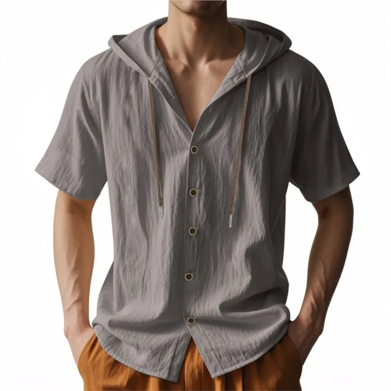 Men's Short Sleeve Shirt Cotton Linen Solid Color Shirts Men Hooded Casual Shirt Man Single Breasted Tops Men Breathable Shirt