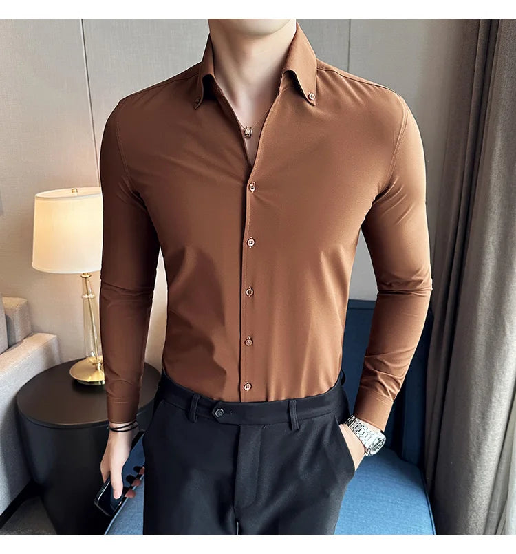 Camisa de vestir de hombre Otoño Estilo británico Liso Casual Ajustado Formal Camisas Cuello en V Manga Larga Camisa Ropa de hombre Streetwear