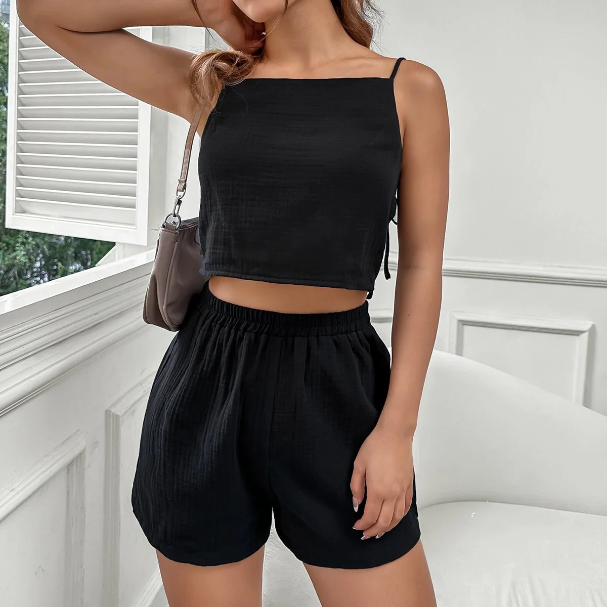 Conjunto de falda ajustado no elástico, top corto y cuello halter sexy para mujer