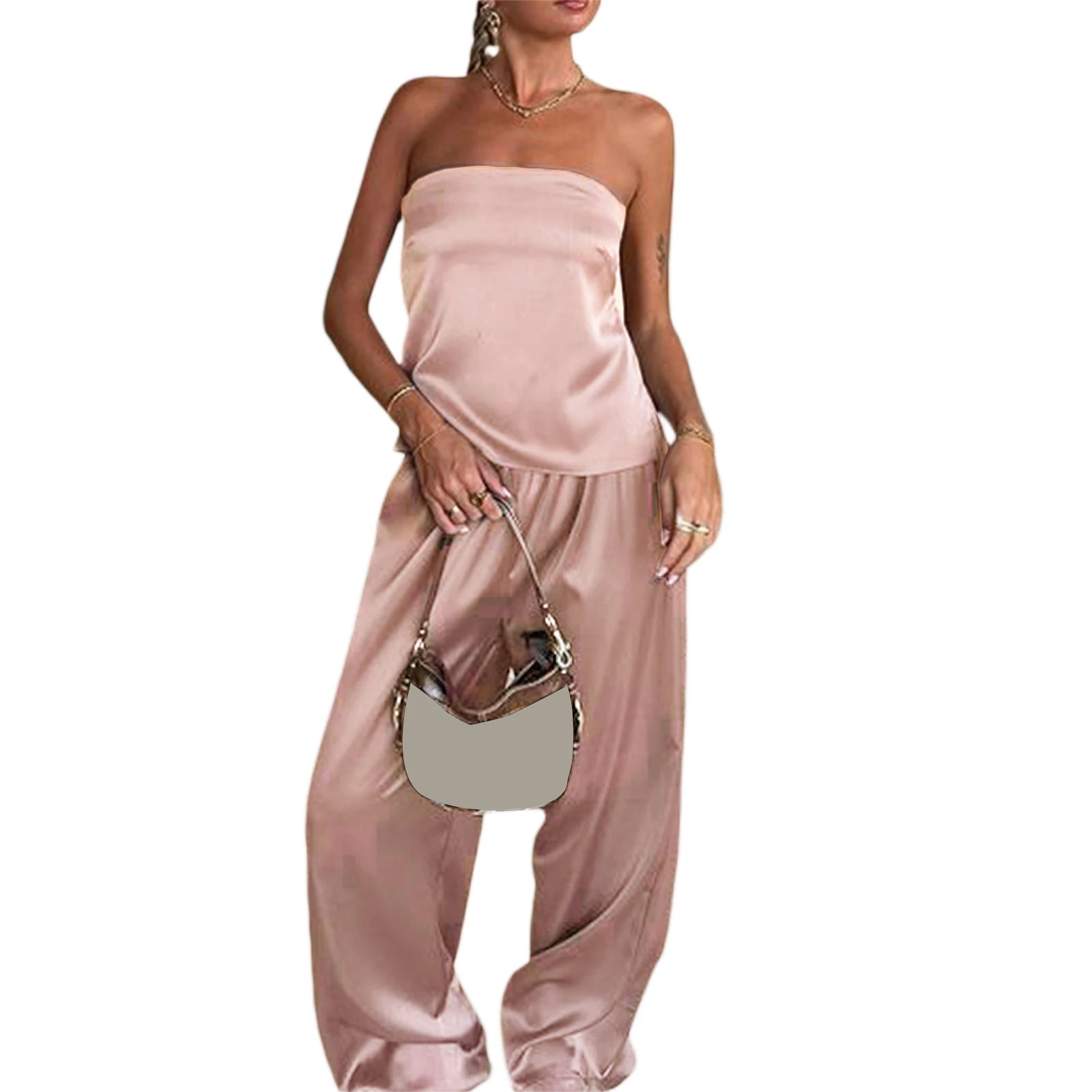 Women Satin Tube Top Pants Set 2 Piece Backless Lace Up Crop Tops Wide Leg Pants Y2k Coquette Clubwear Party Matching Outfits