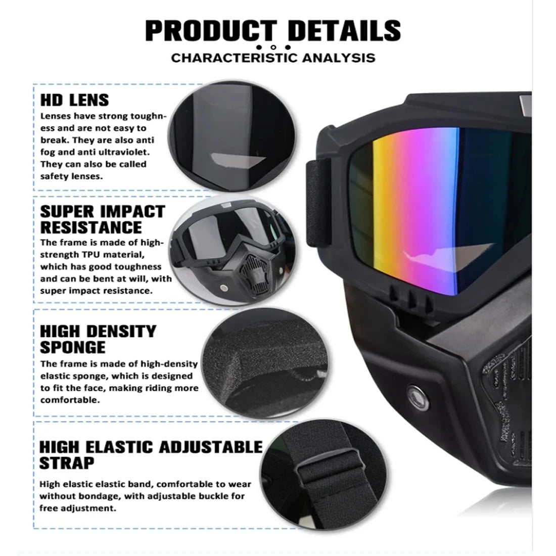 Gafas de sol UV400 para motocross, a prueba de viento, para ciclismo, esquí, con máscara bucal, máscara para casco de moto, máscara de esquí de invierno
