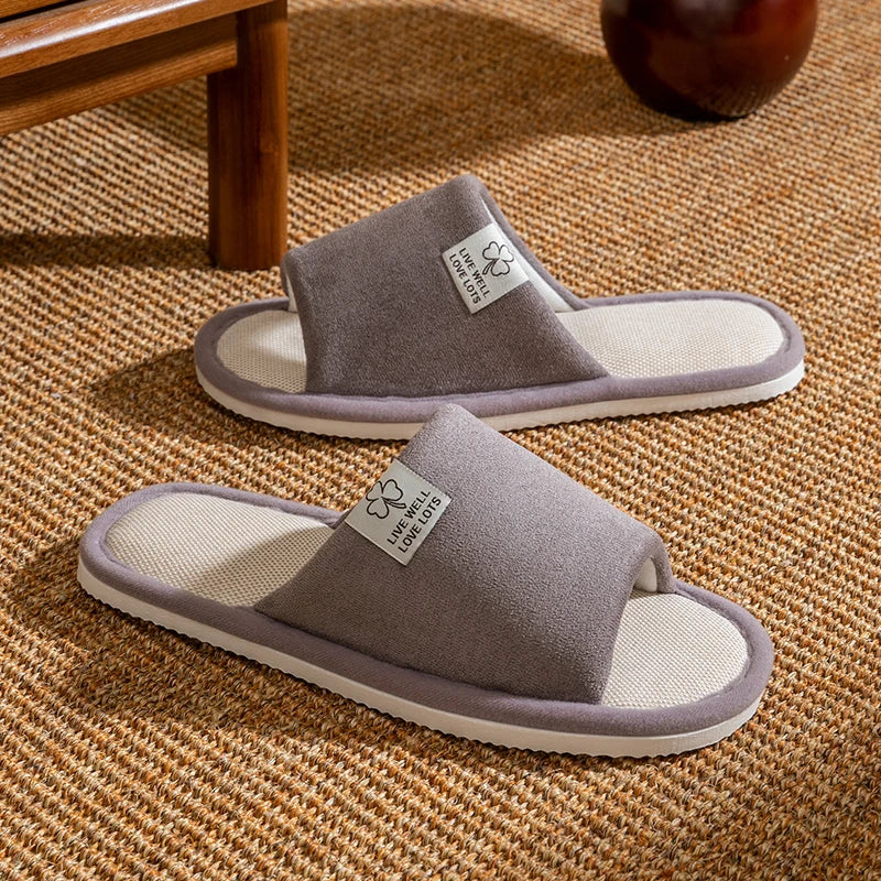 Pantuflas de hombre, antideslizantes de suela blanda para interior, para primavera y verano, de lino para todo el año, cómodas para el hogar