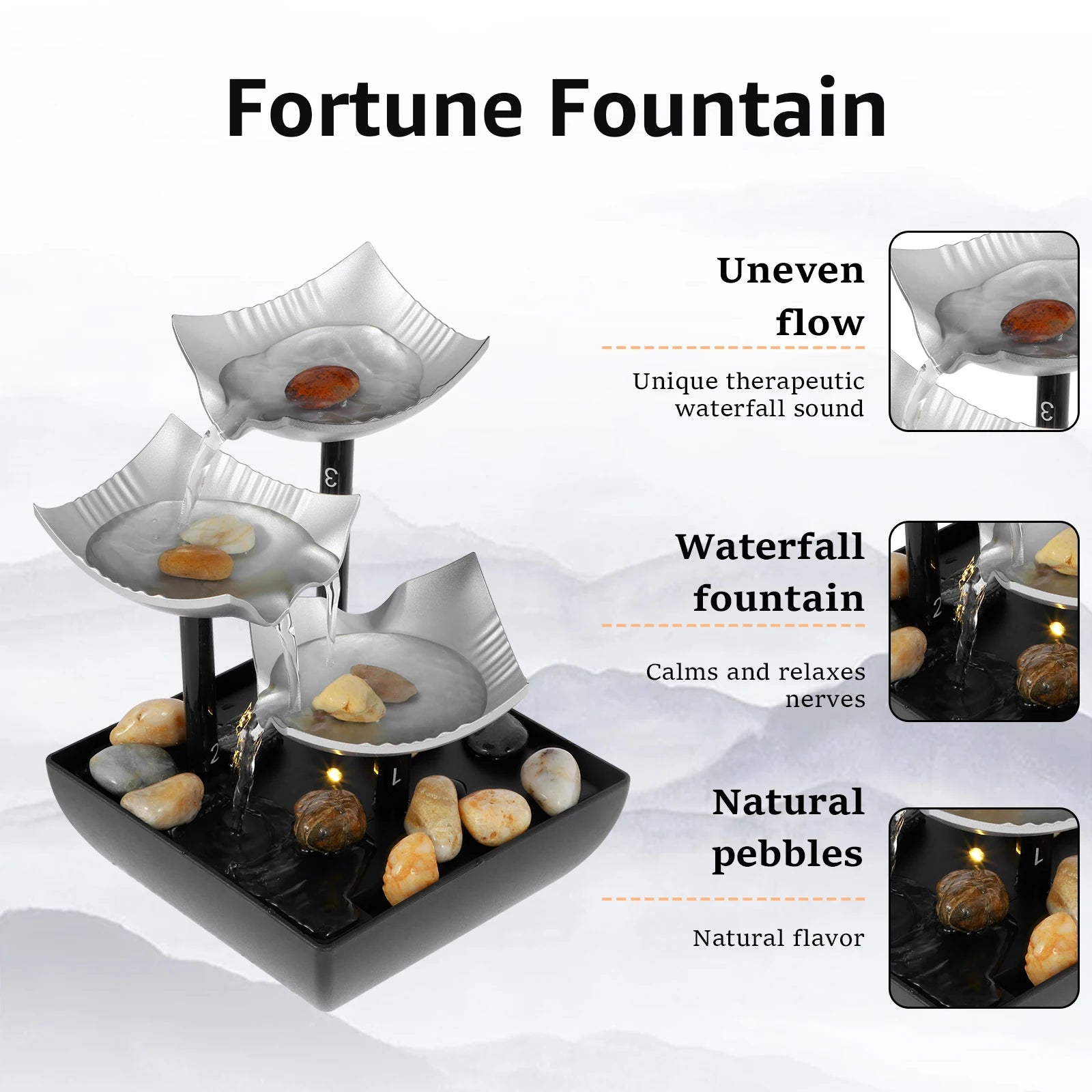 Fontaine de table, petite fontaine cascade, décoration de bureau avec lumière et galets, alimentée par USB, son relaxant, fontaine décorative