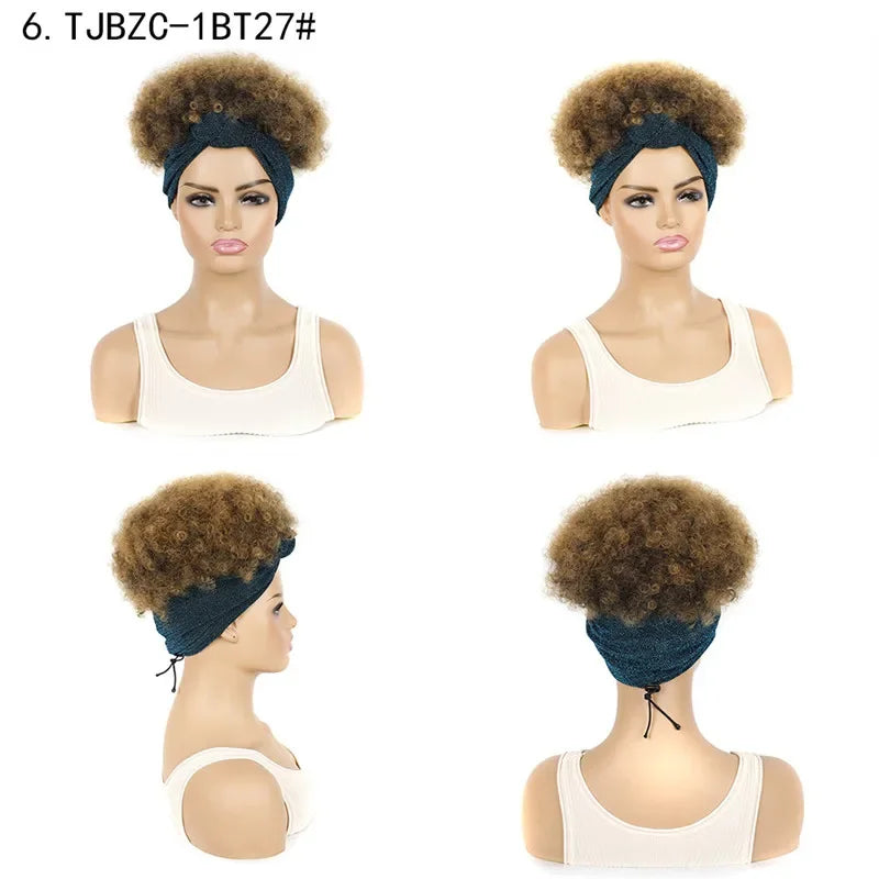 Fluffy Headband Wigs for Black Women Short Afro Kinky Curly Headwrap Wig High Temperature Natural Synthetic Headband Scarf Wig