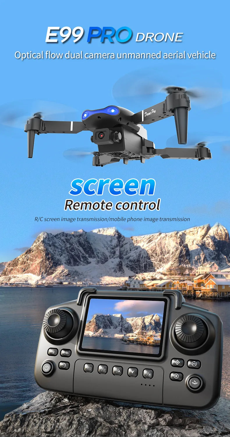 E99 PRO Drone Skjermkontroll Luftdrone Høydefinisjon Dobbeltkamera Fjernstyrt Fly, Sammenleggbar Quadcopter Barnegave