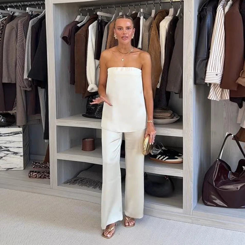 Elegantes Conjuntos de Pantalones de Satén para Mujer, Blusas sin Mangas sin Espalda Tipo Tubo, Pantalones de Pierna Ancha con Cremallera, Trajes de Vacaciones de Verano 2025 para Mujer