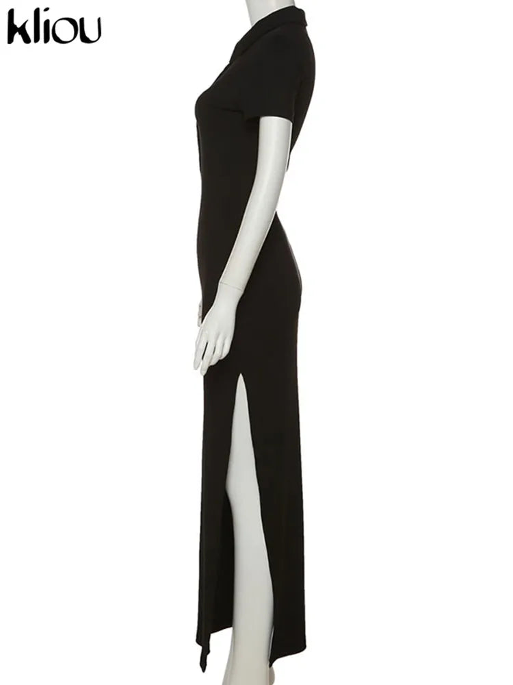 Kliou Elegante Vestido Largo de Oficina para Mujer Color Liso Cuello Vuelto Manga Corta Botones Abertura Lateral Moldeador de Cuerpo Estilo Urbano
