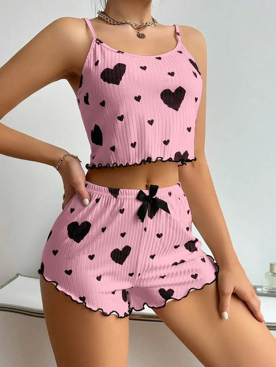 Women pajamas plus size pajamas set 2 piece short vest + trouser white breathable soft casual love print