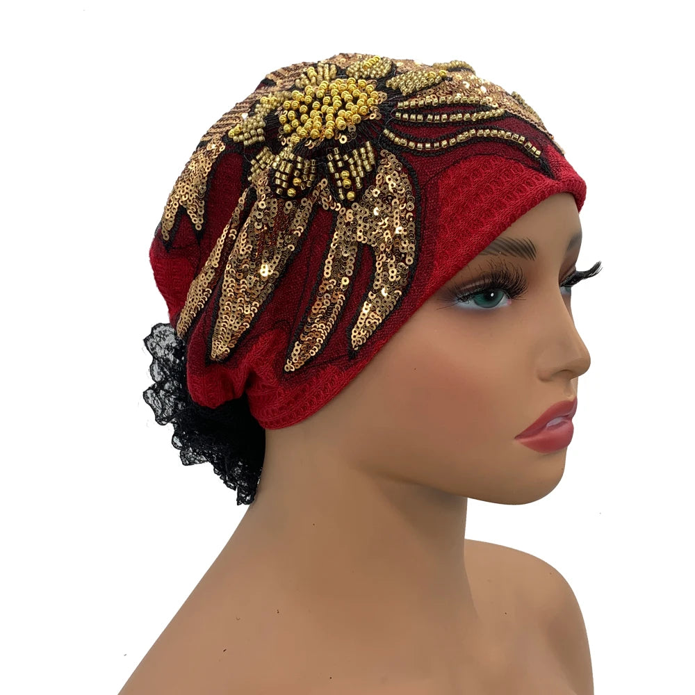 Sombrero turbante de encaje floral con diamantes de lujo, transpirable, pañuelo, gorro, envolturas para la cabeza, gorro de punto para mujer, cubierta para el cabello