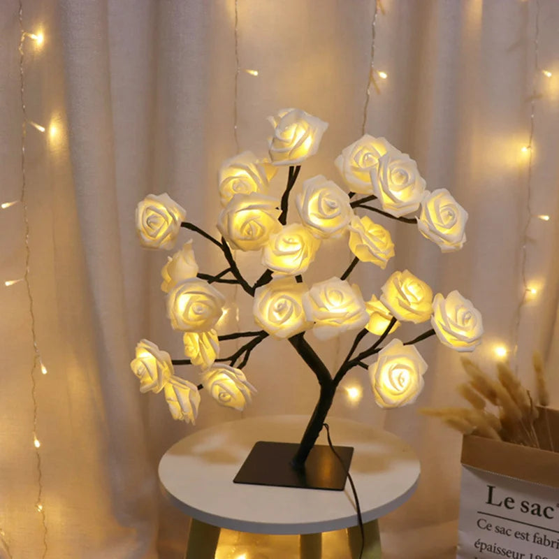 LED-rosenblomstbordlampe USB-juletrelys nattlys hjem fest bryllup soverom dekorasjon morsdagsgave