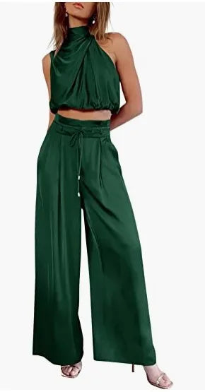 Ensemble deux pièces pour femme, pantalon ouvert au nombril, haut sans manches en soie plissée, pantalon large, ensemble assorti d'été 2024