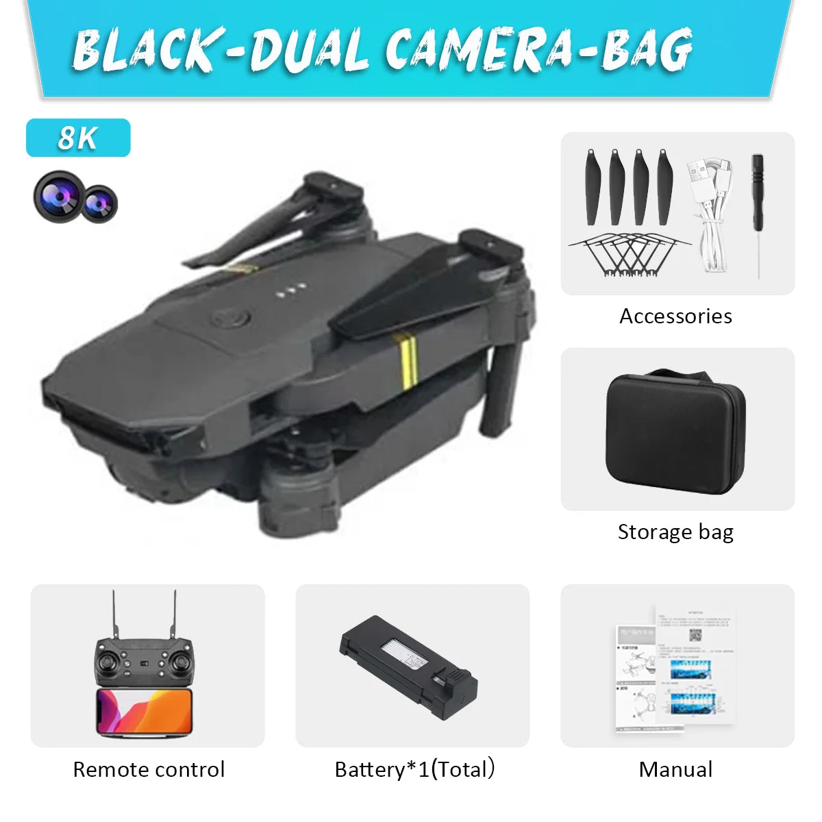 KBDFA – Mini drone E58 WiFi FPV, quadricoptère pliable avec batterie, caméra HD 1080P 4K, hélicoptère RC, jouets, cadeau