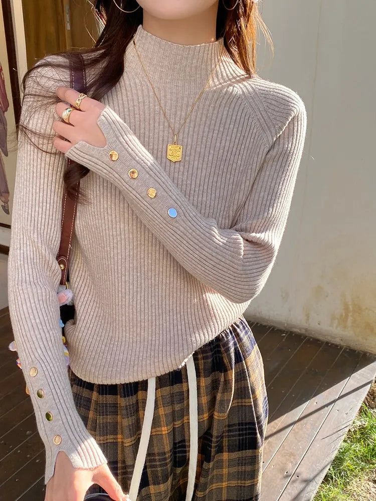 Suéter de otoño invierno para mujer, jerséis, tops de manga larga, ropa, suéter suave de punto delgado, ropa de calle, suéter de cuello alto con botones
