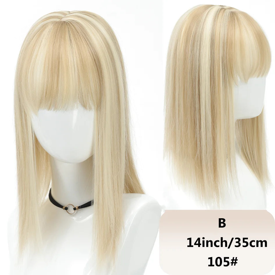 Syntetisk dameparykk med rett hår, 25 cm/30 cm pannelugg, topperstatning, tre kort, svart parykk/brun parykk/beige parykk/khaki parykk