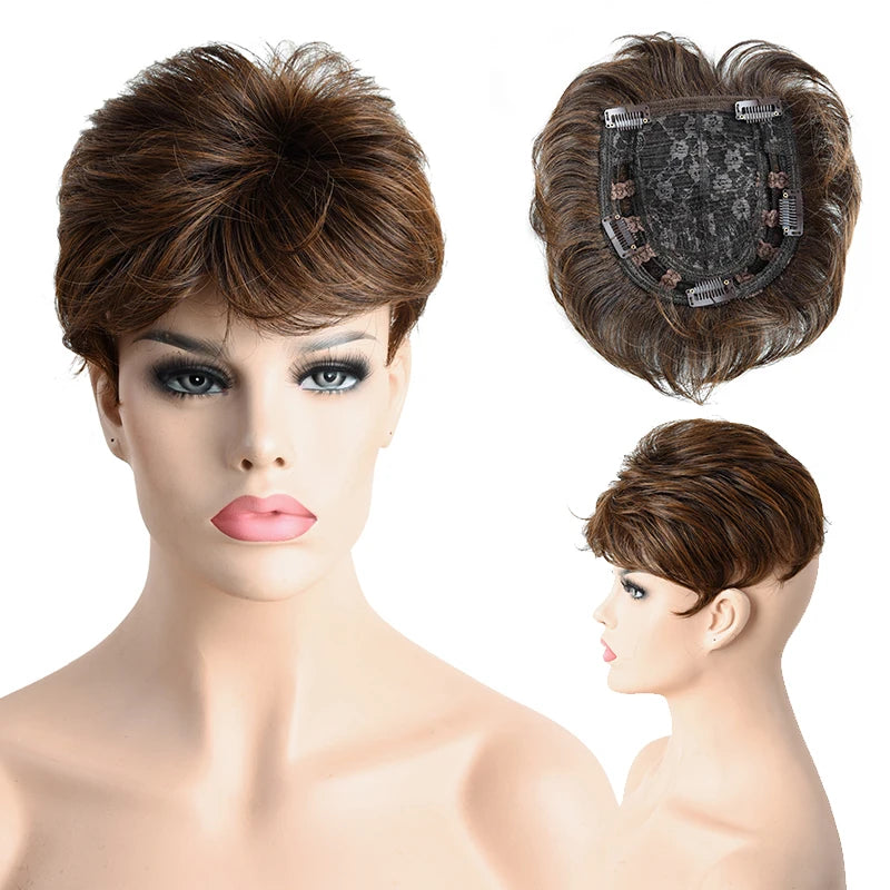 Synthetic Hair Topper Pieces for Thinning Hair Natural Curly Texture 6 Inch Short Pixie Cut Toppers Hair Wigs for Women