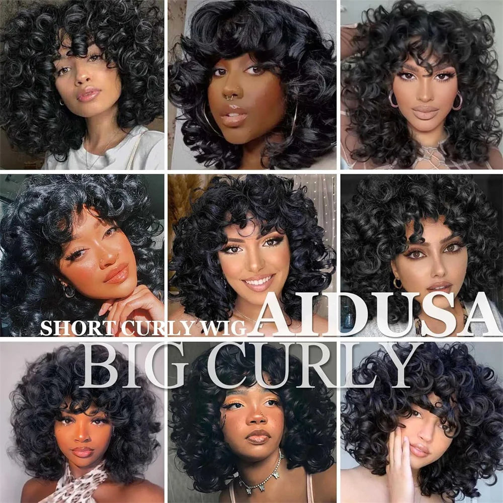 Big Curly Wigs For Black Women, Synthetic Loose Curly Wigs With Bangs, 14 Inch Black Natural Bob Wigs For Women