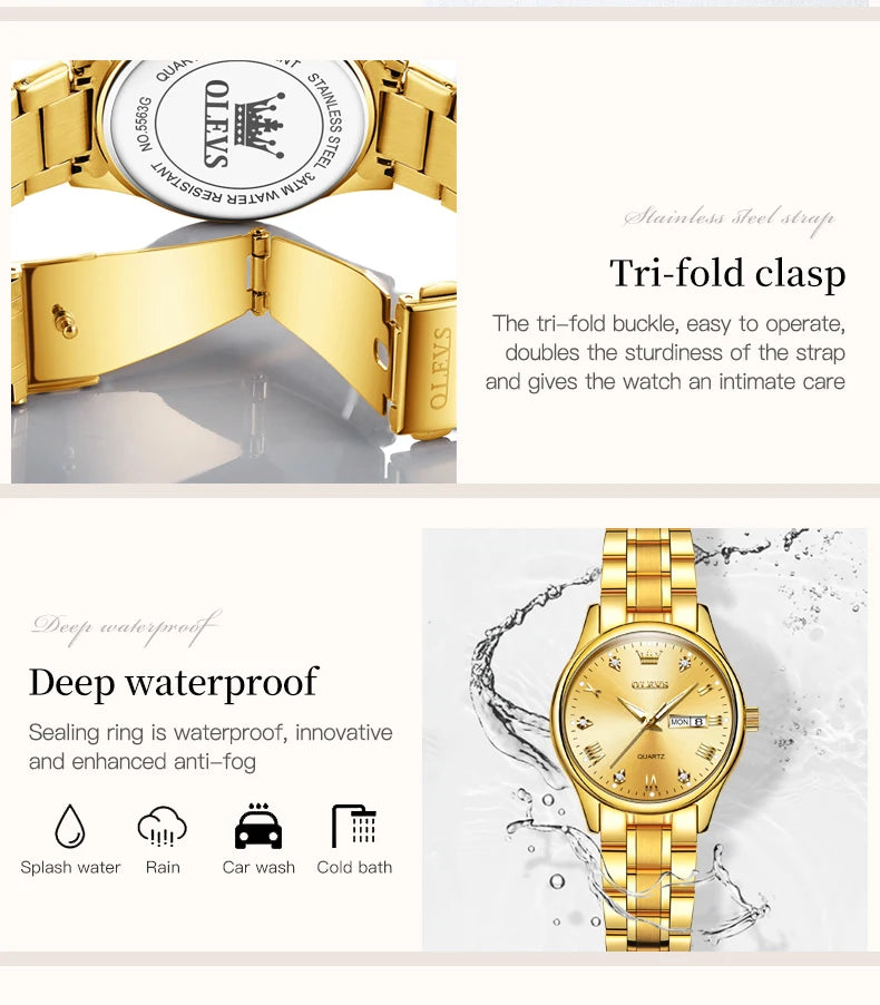 OLEVS Reloj de pulsera para mujer, relojes originales para mujer, de acero inoxidable impermeable, de lujo, de cuarzo, reloj de pulsera para mujer, dorado, Reloj Hombre