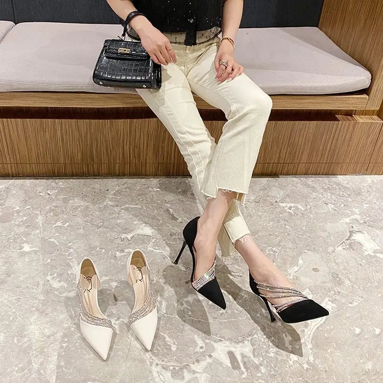 Zapatos de tacón alto para fiesta de noche de mujer, nuevos zapatos de salón elegantes para mujer, de punta, negros, con tiras, para mujer