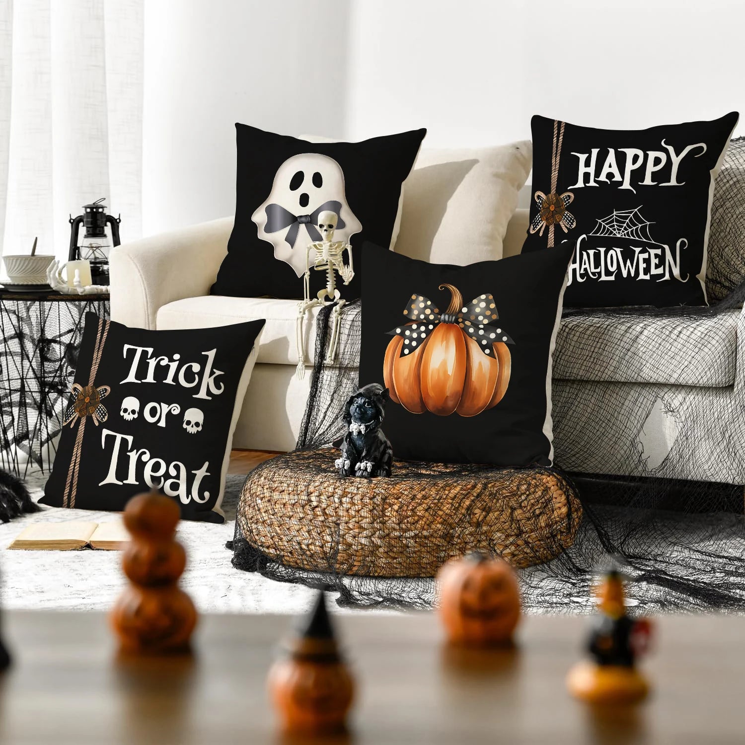 Funda de almohada de Halloween de 1/4 piezas, funda de cojín de calabaza fantasma con lazo de Halloween, funda de cojín decorativa para sofá, sala de estar, dormitorio